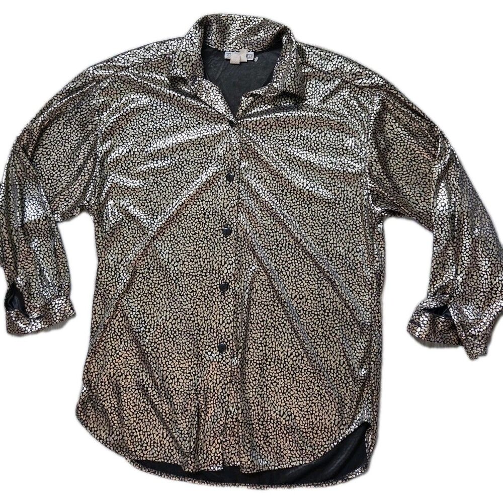 VTG Jessica Michelle Metallic Gold Black Animal Print Button Front Blouse Top M